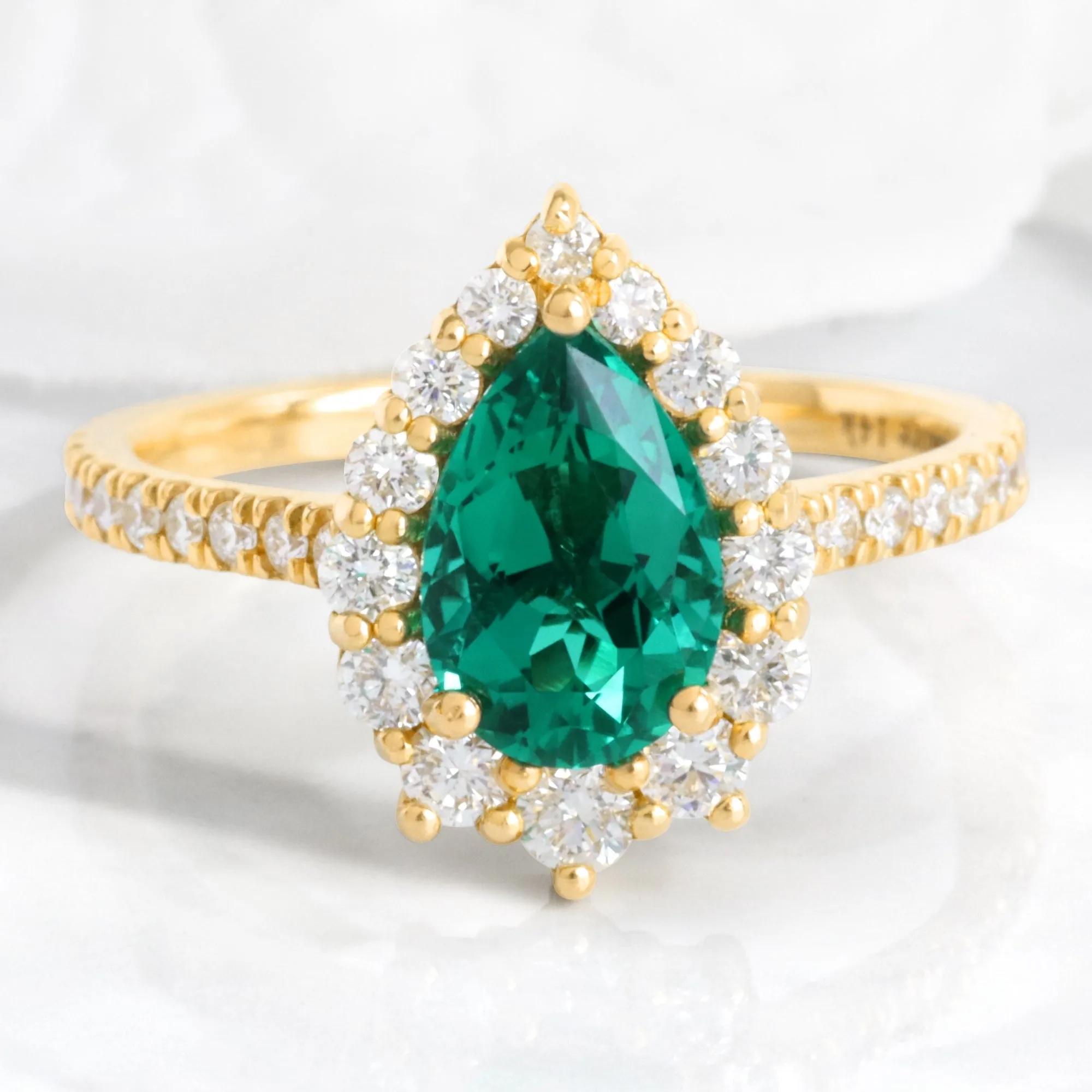 Large Pear Emerald Engagement Ring in Tiara Halo Diamond Pave Band