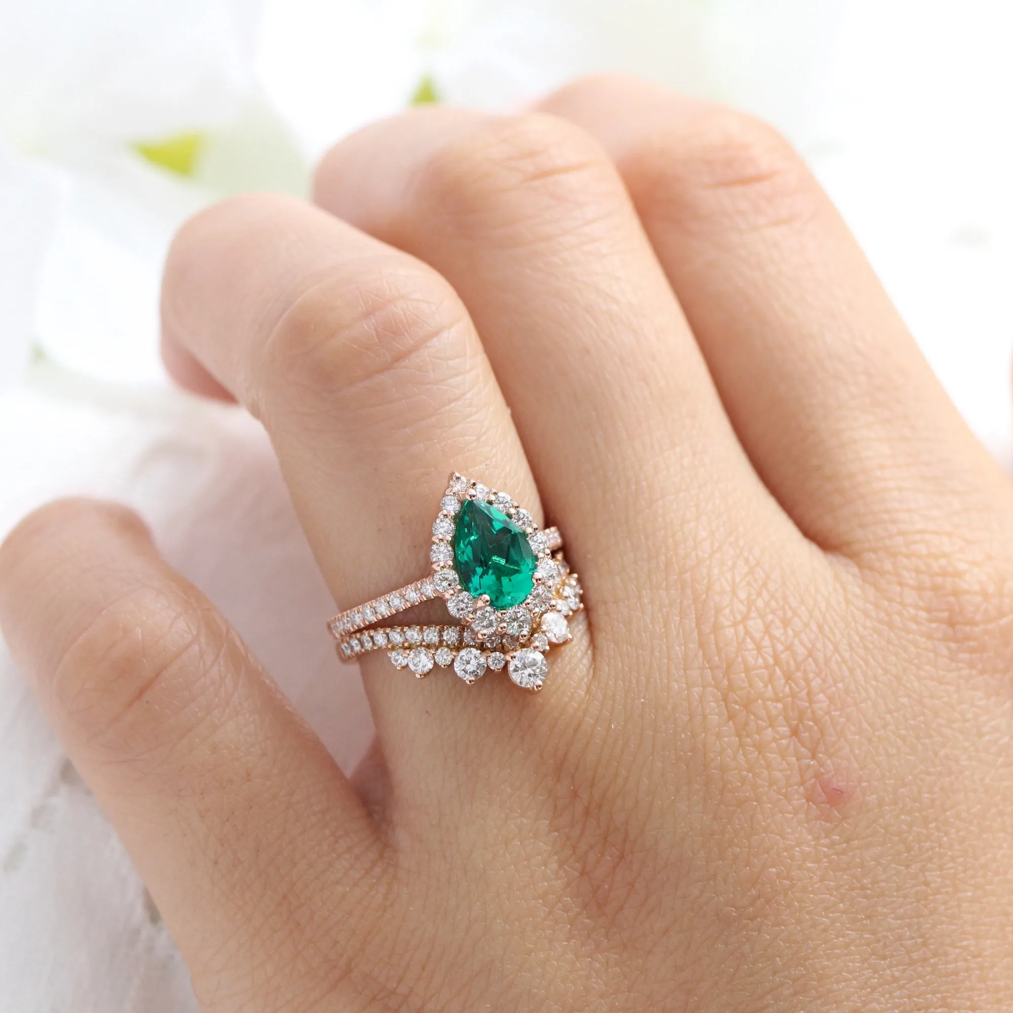 Large Pear Emerald Engagement Ring in Tiara Halo Diamond Pave Band