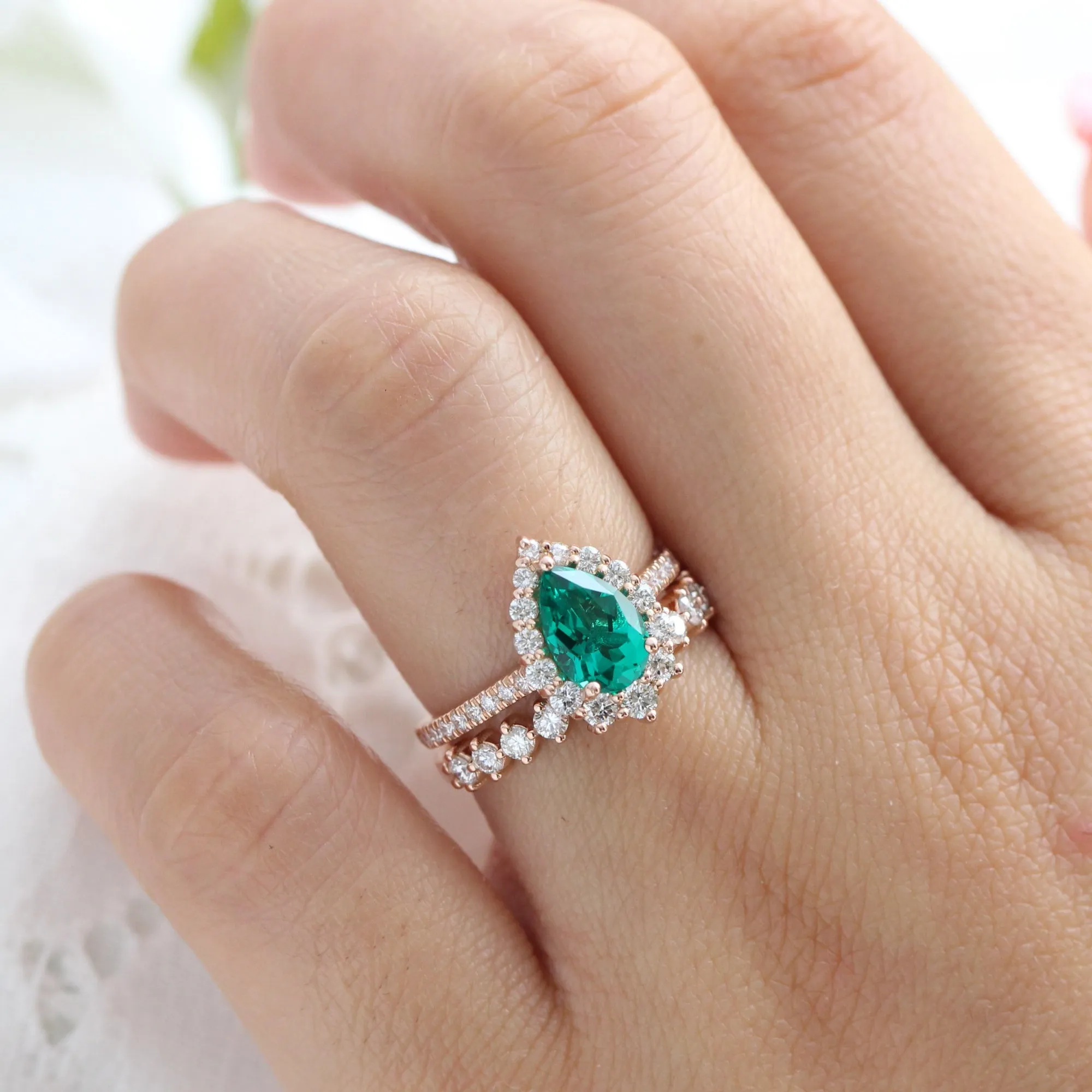 Large Pear Emerald Engagement Ring in Tiara Halo Diamond Pave Band