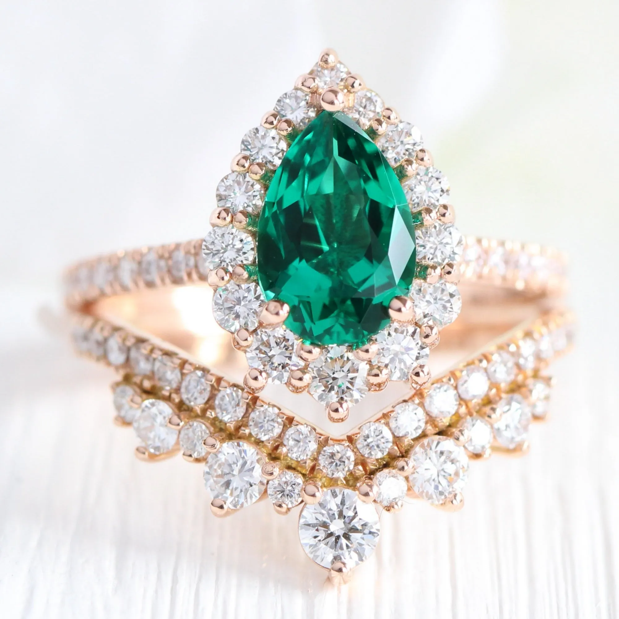 Large Pear Emerald Engagement Ring in Tiara Halo Diamond Pave Band