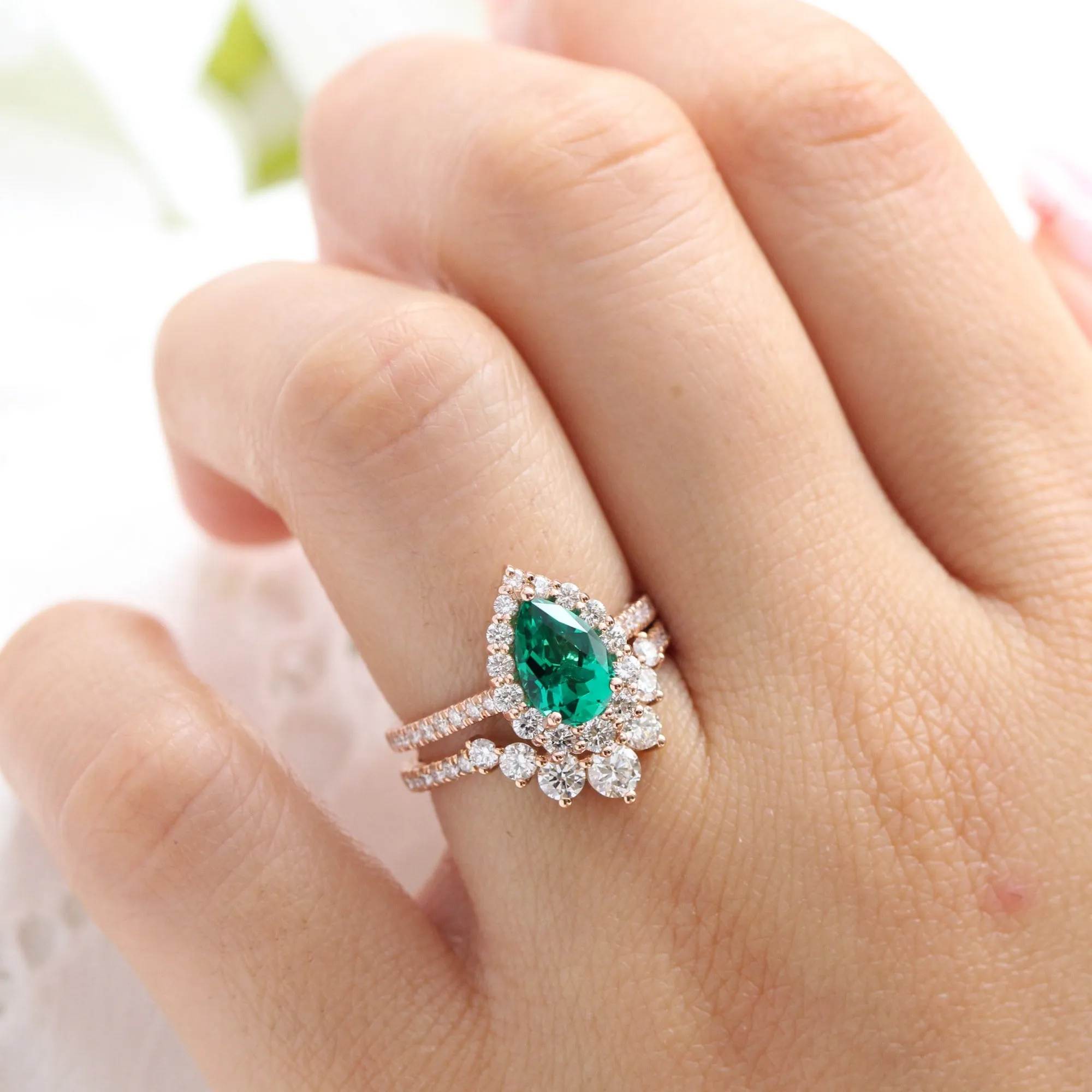 Large Pear Emerald Engagement Ring in Tiara Halo Diamond Pave Band