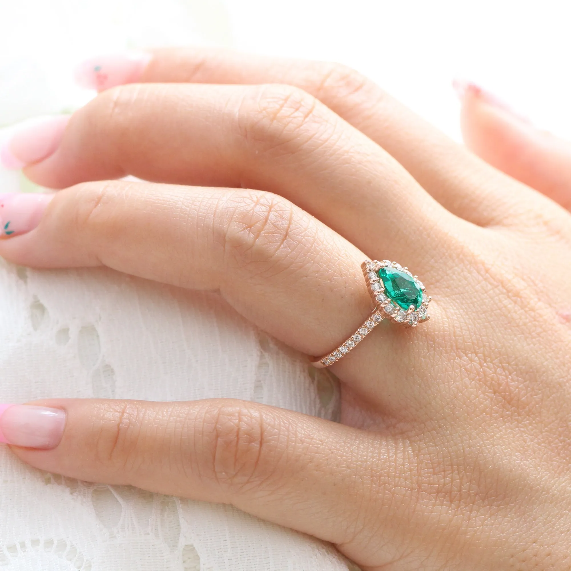 Large Pear Emerald Engagement Ring in Tiara Halo Diamond Pave Band