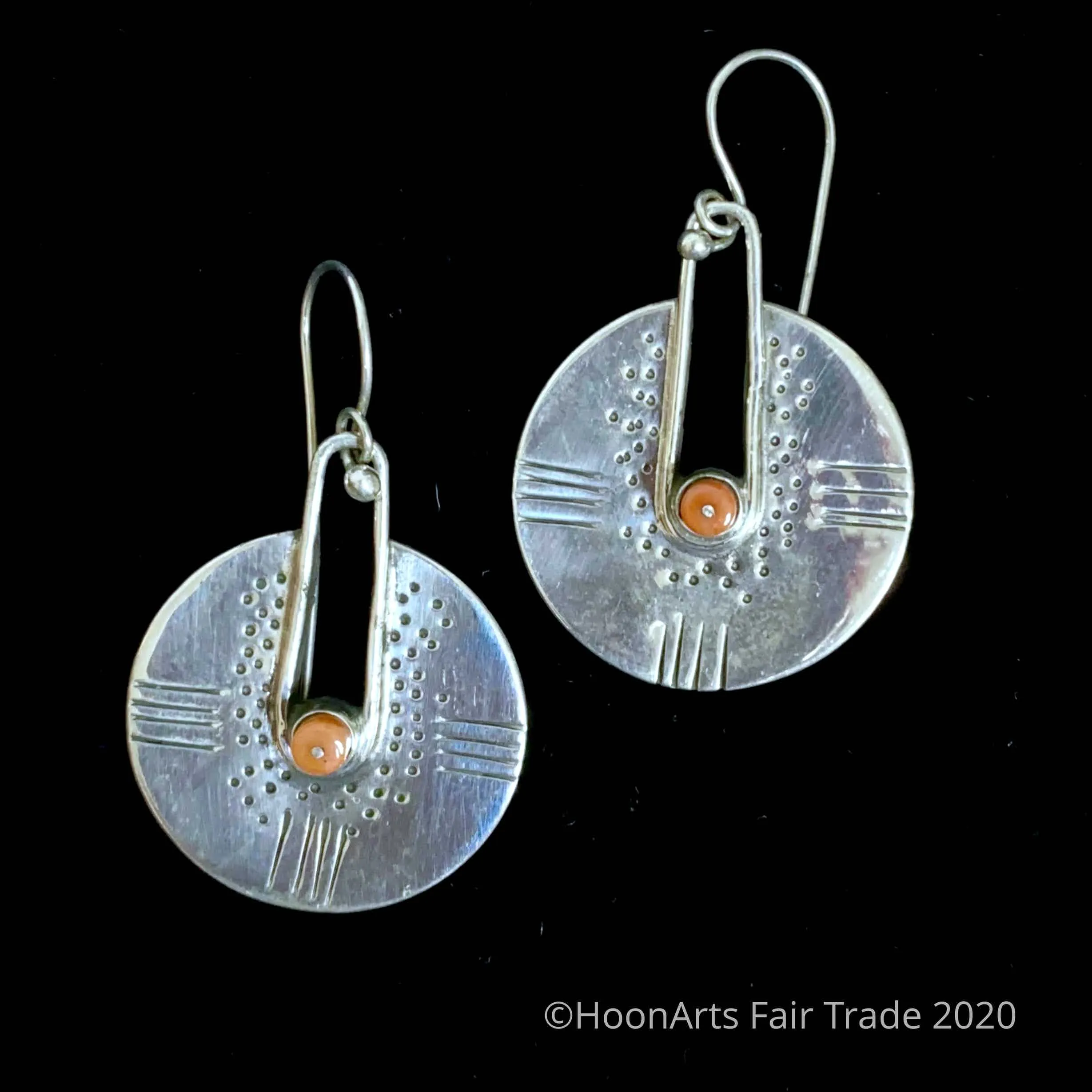 Large Silver Earrings with Coral Accent from Kyrgyzstan -"Dilara"