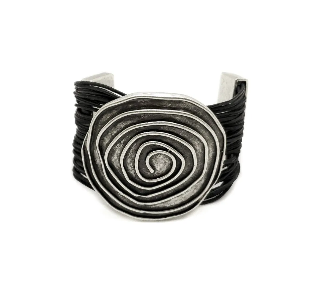 Leather & Pewter Bracelet with Detailed Circle Disc