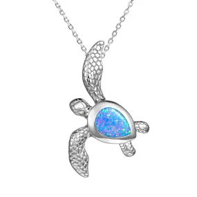 Life@Sea Genuine Sterling Silver & Synthetic Opal/Larimar Sea Turtle Pendant Necklace