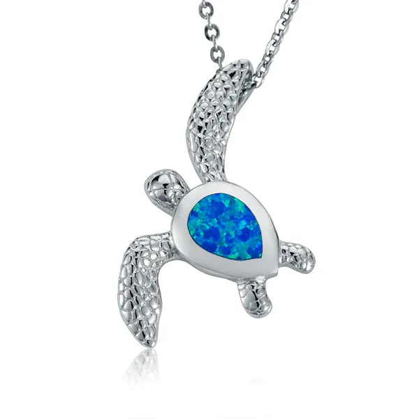 Life@Sea Genuine Sterling Silver & Synthetic Opal/Larimar Sea Turtle Pendant Necklace