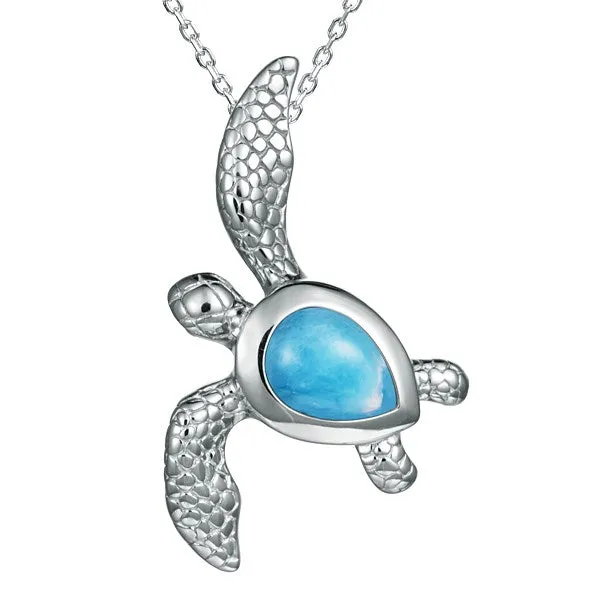 Life@Sea Genuine Sterling Silver & Synthetic Opal/Larimar Sea Turtle Pendant Necklace