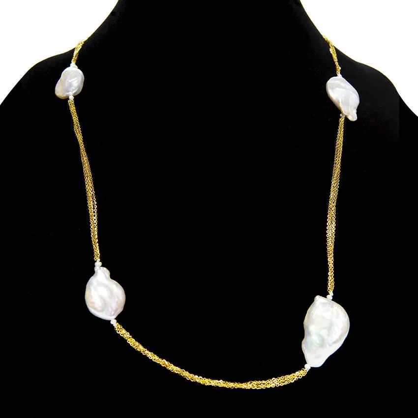 Long 18k Yellow Gold Chain Baroque Pearl Necklace