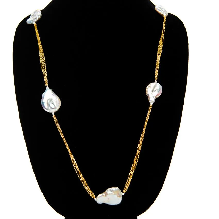 Long 18k Yellow Gold Chain Baroque Pearl Necklace