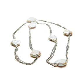 Long Chain Baroque Pearl Necklace 18k White Gold