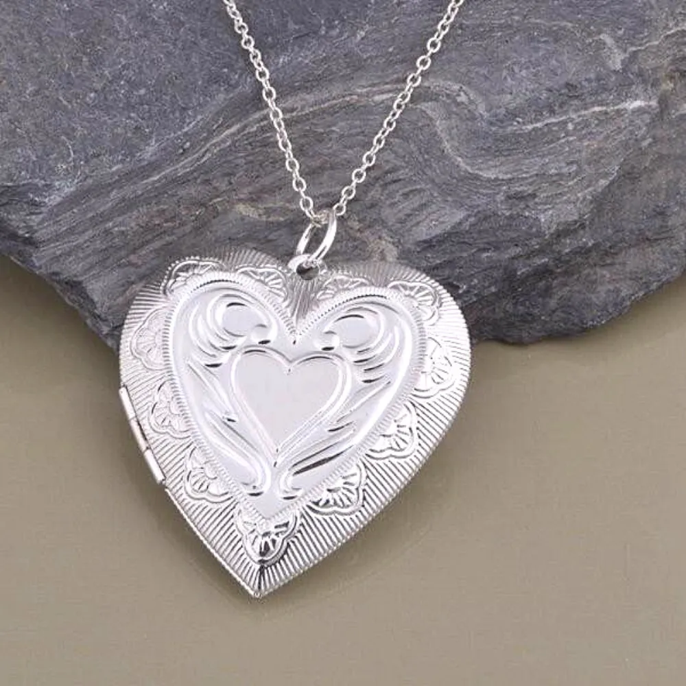 Lovely Embossed Oversize Silver Heart Locket Necklace for Woman