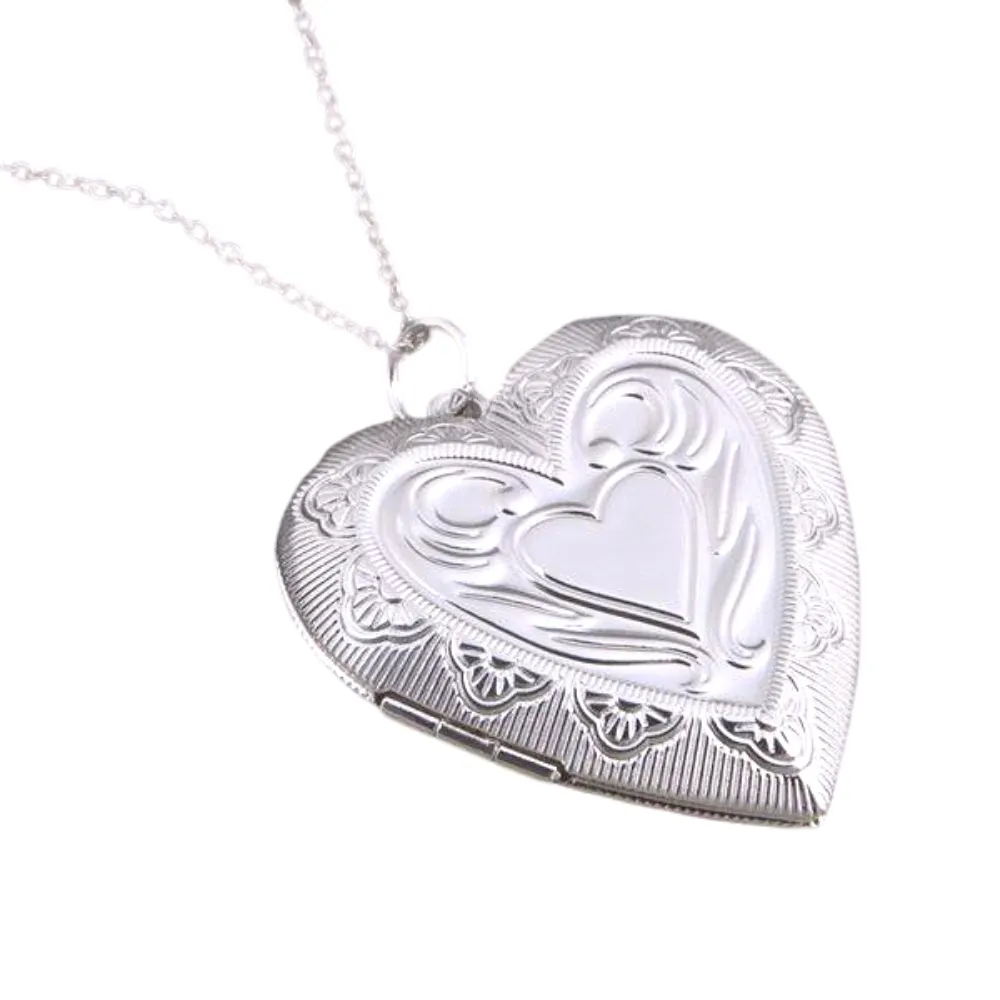 Lovely Embossed Oversize Silver Heart Locket Necklace for Woman