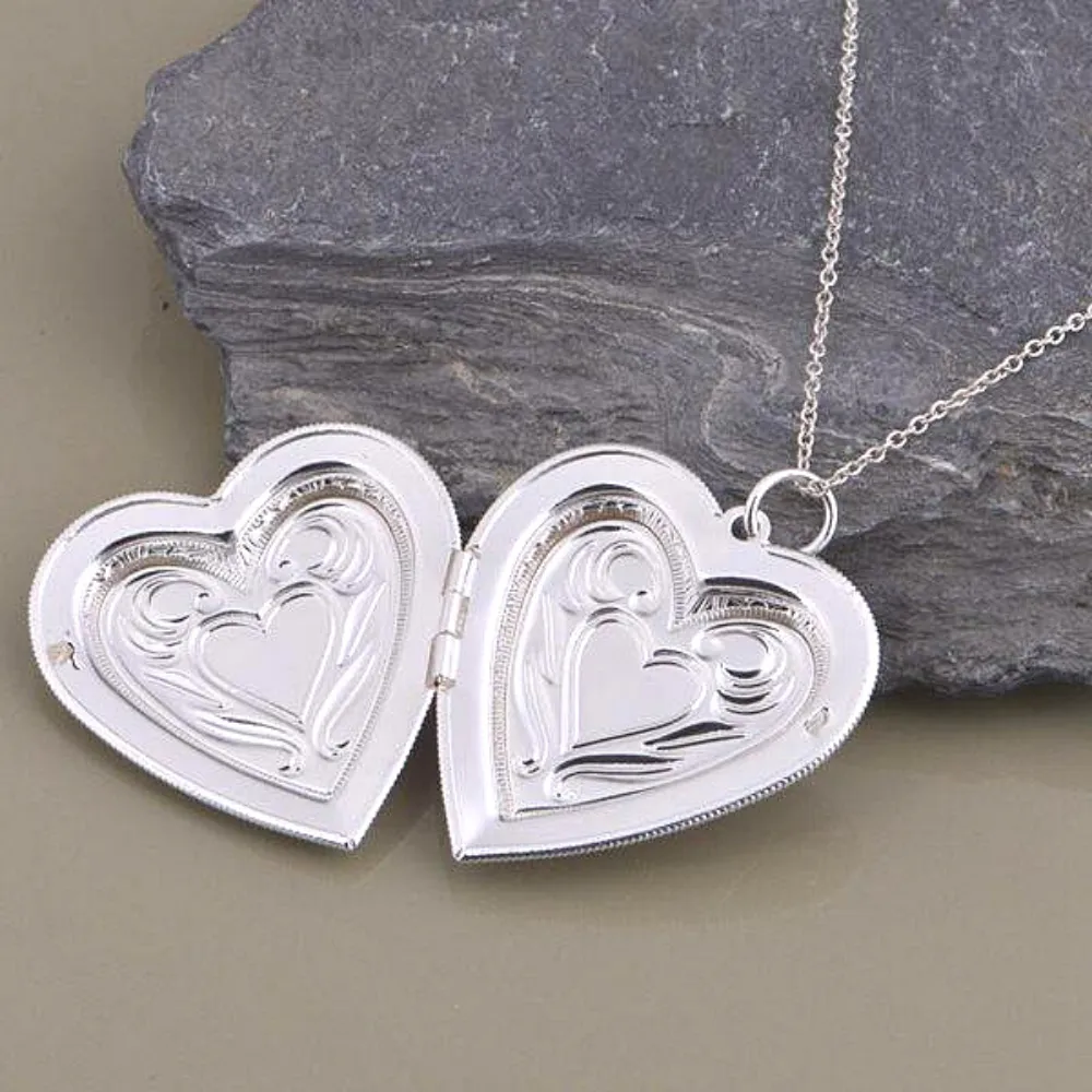 Lovely Embossed Oversize Silver Heart Locket Necklace for Woman