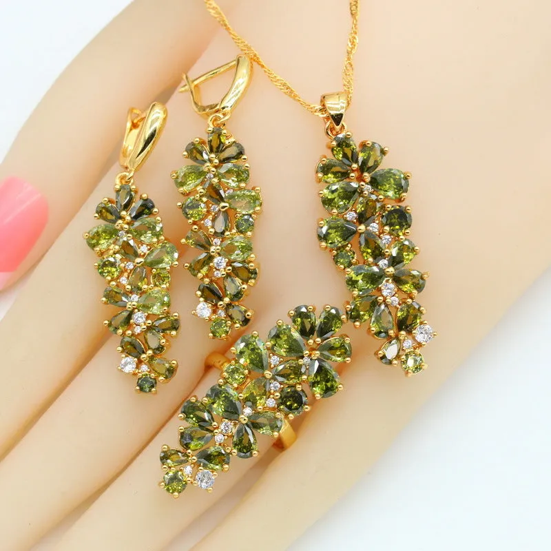 Luxury Green Peridot Gold Plated Jewelry Sets for Women Earrings Necklace Pendant Ring Bracelet Christmas Birthday Gift