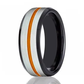 Men's Black Tungsten Carbide Ring with Brushed Silver Center and Orange Groove 8mm