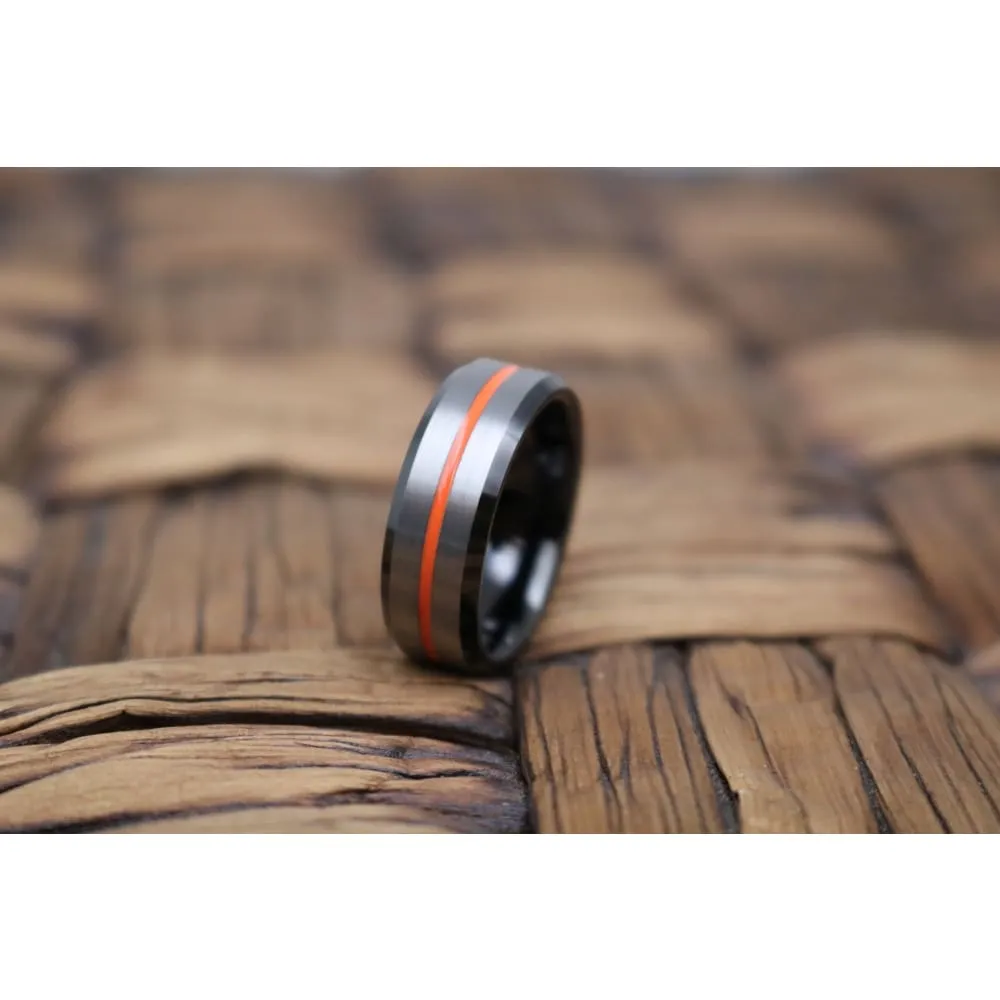 Men's Black Tungsten Carbide Ring with Brushed Silver Center and Orange Groove 8mm