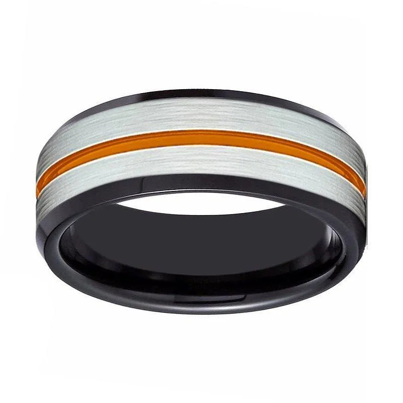 Men's Black Tungsten Carbide Ring with Brushed Silver Center and Orange Groove 8mm