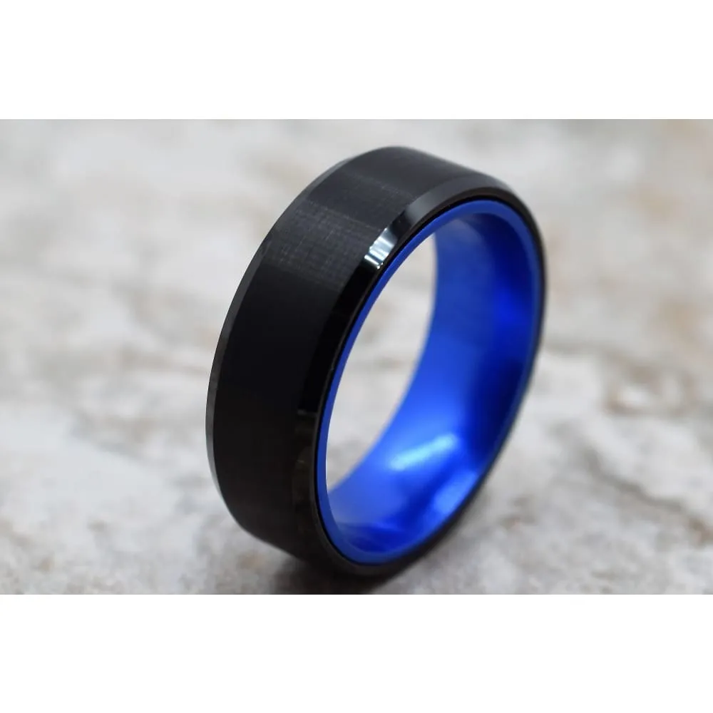 Men's Black Tungsten Carbide Ring With Royal Blue Anodized Aluminum Inner Band 8mm