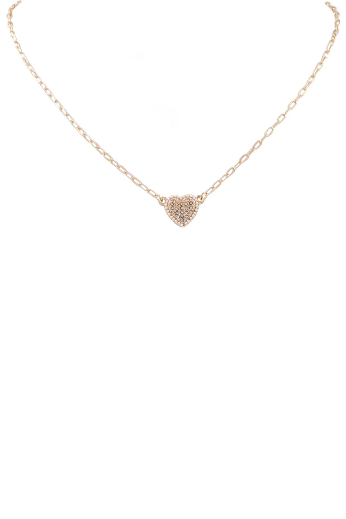 Metal Heart Rhinestone & Pearl Necklace- Gold