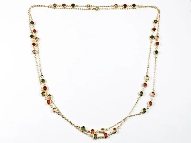 Modern Layered High Quality Colorful Bezel CZ Gold Tone Long Brass Necklace