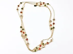 Modern Layered High Quality Colorful Bezel CZ Gold Tone Long Brass Necklace