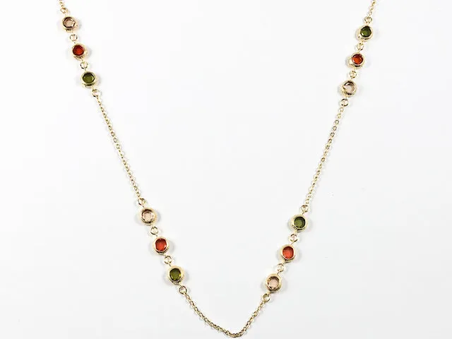 Modern Layered High Quality Colorful Bezel CZ Gold Tone Long Brass Necklace