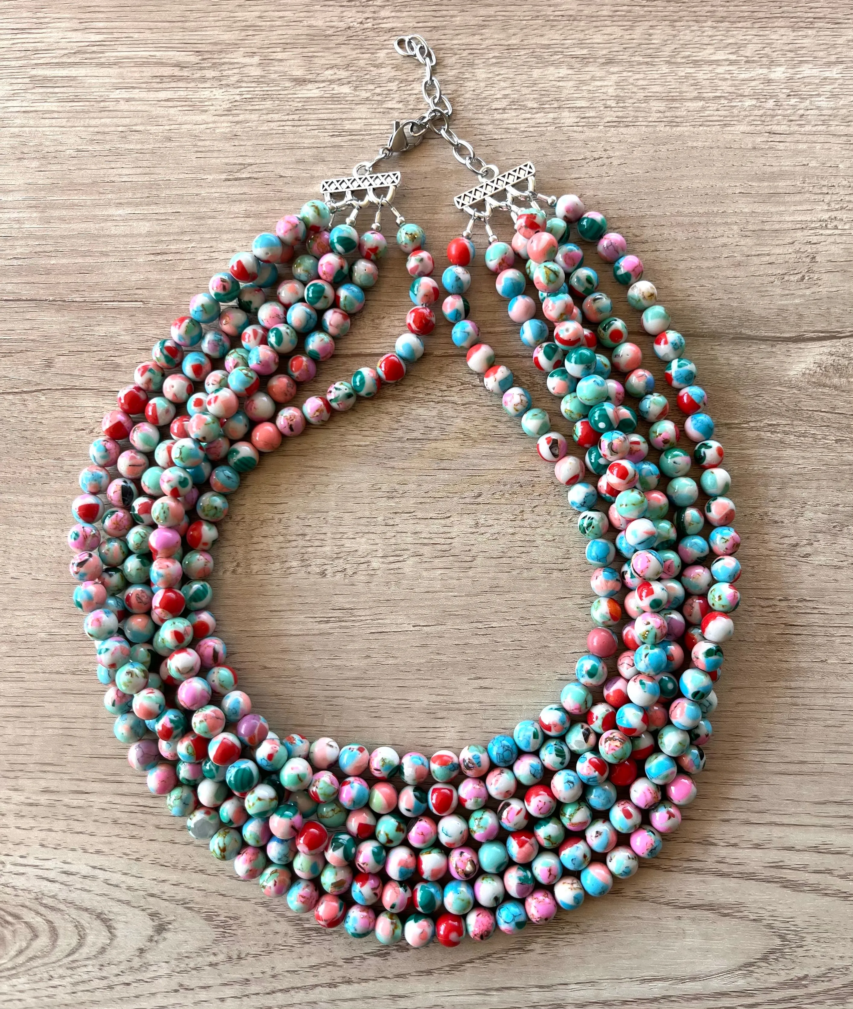 Multi Color Beaded Chunky Stone Multi Strand Statement Necklace - Michelle