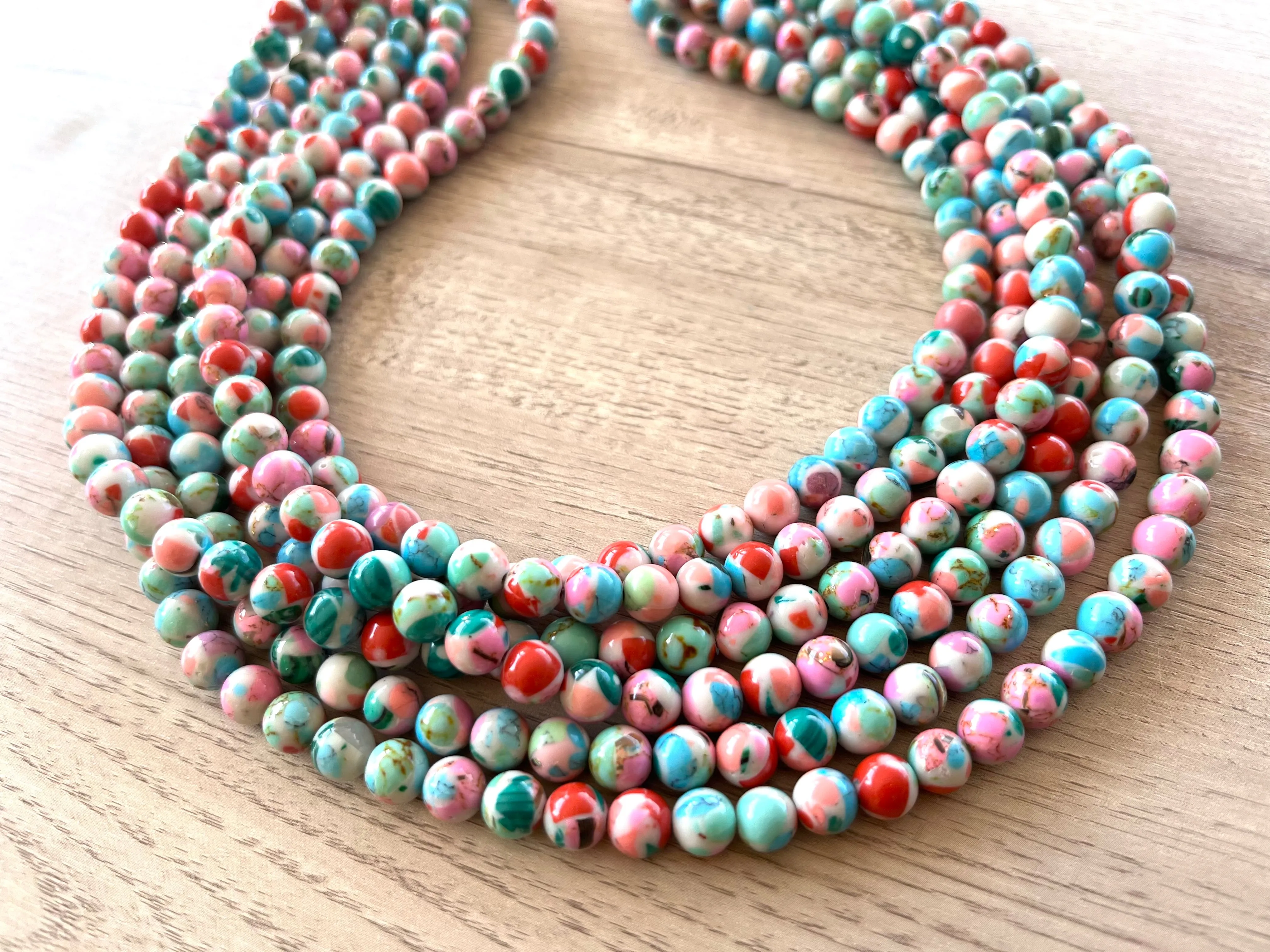 Multi Color Beaded Chunky Stone Multi Strand Statement Necklace - Michelle