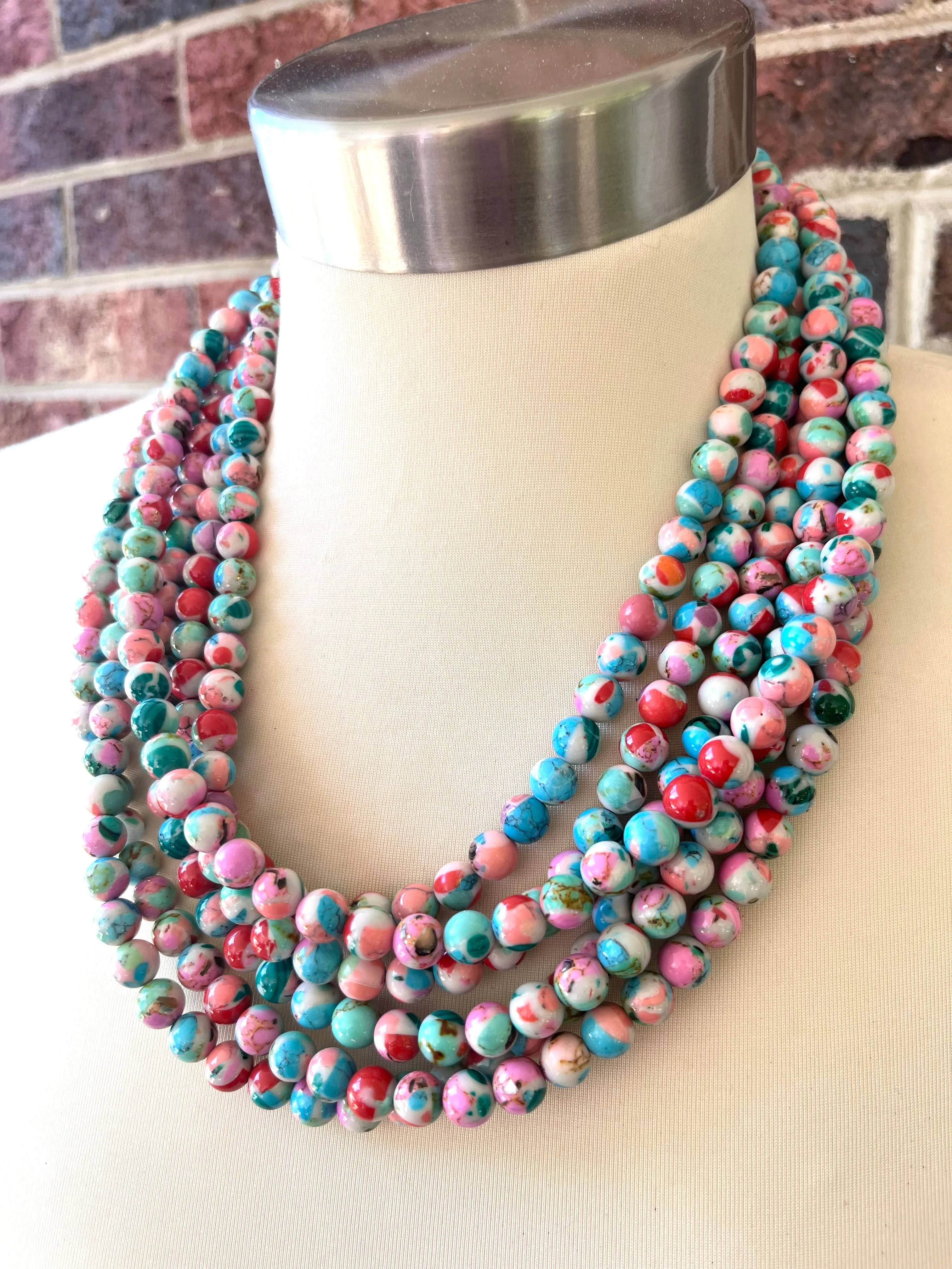 Multi Color Beaded Chunky Stone Multi Strand Statement Necklace - Michelle