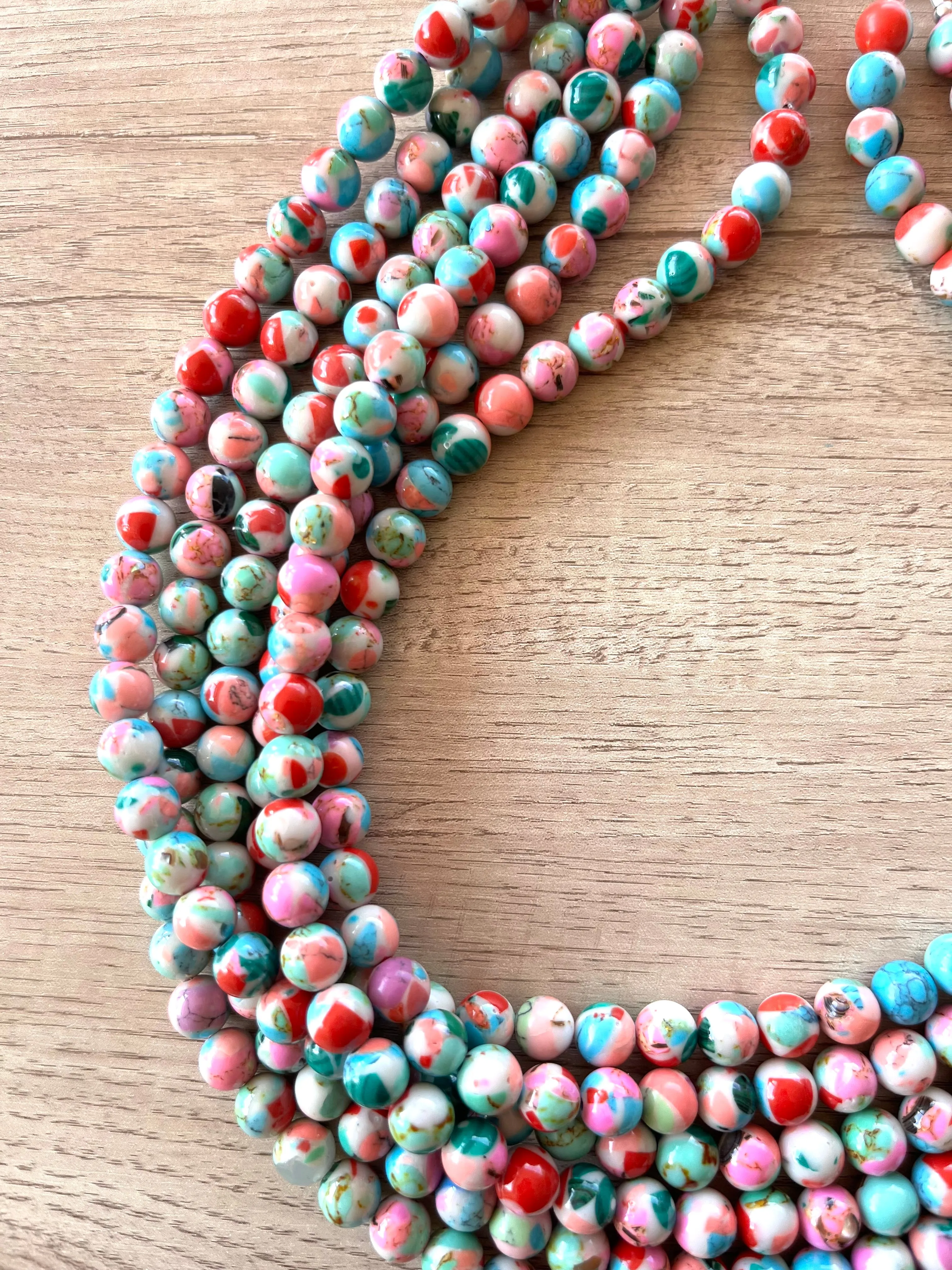 Multi Color Beaded Chunky Stone Multi Strand Statement Necklace - Michelle