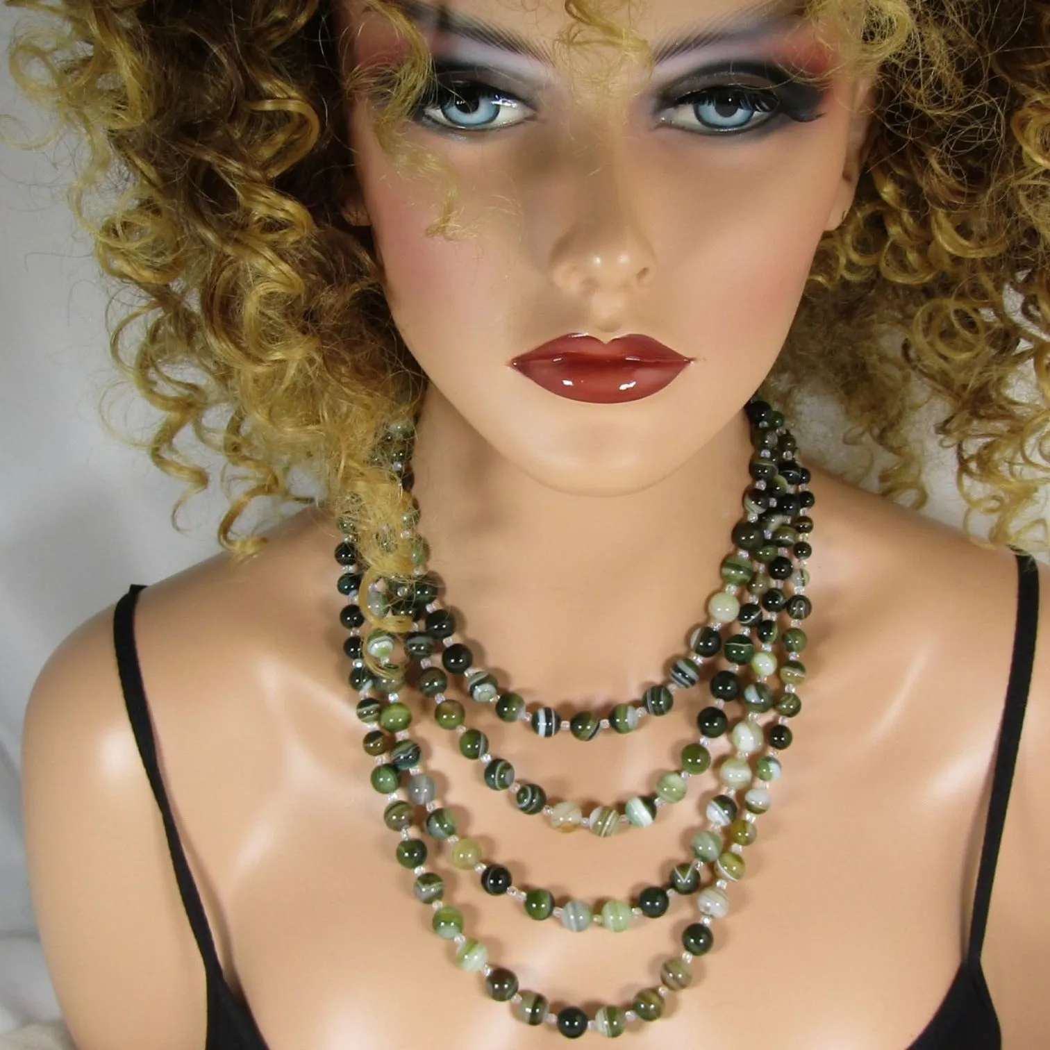 Multi-Strand Green Line Agate Beaded Necklace