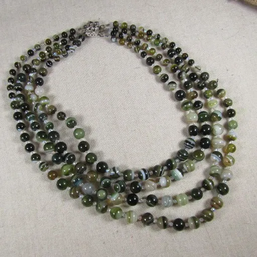 Multi-Strand Green Line Agate Beaded Necklace