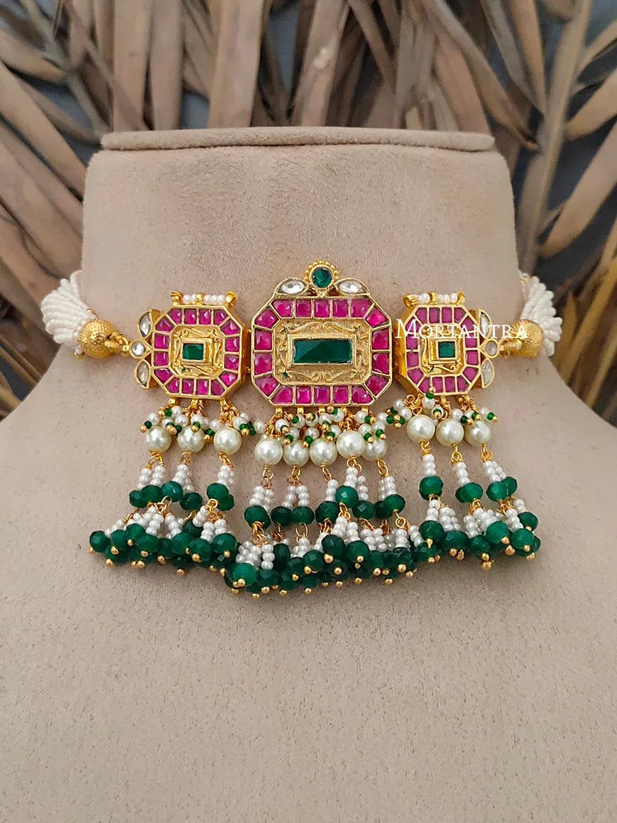 Multicolor Gold Plated Jadau Kundan Necklace Set - MS1663M