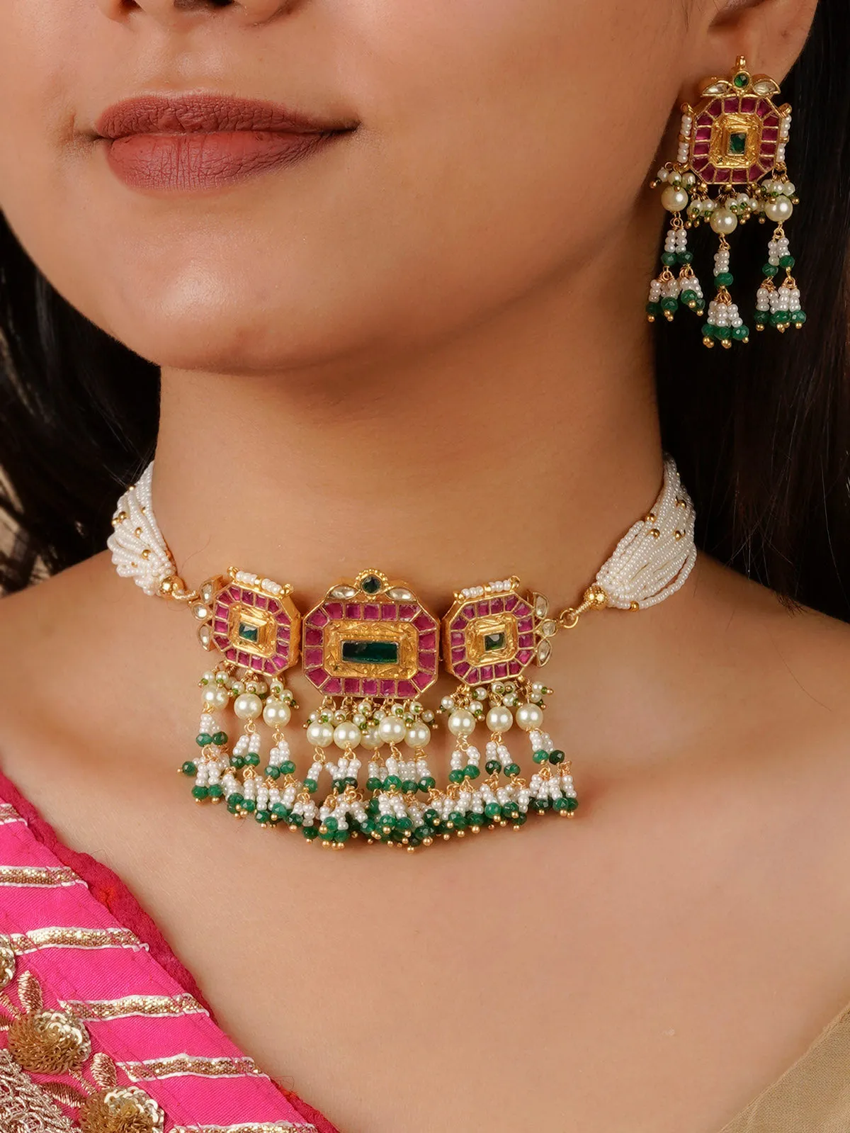 Multicolor Gold Plated Jadau Kundan Necklace Set - MS1663M