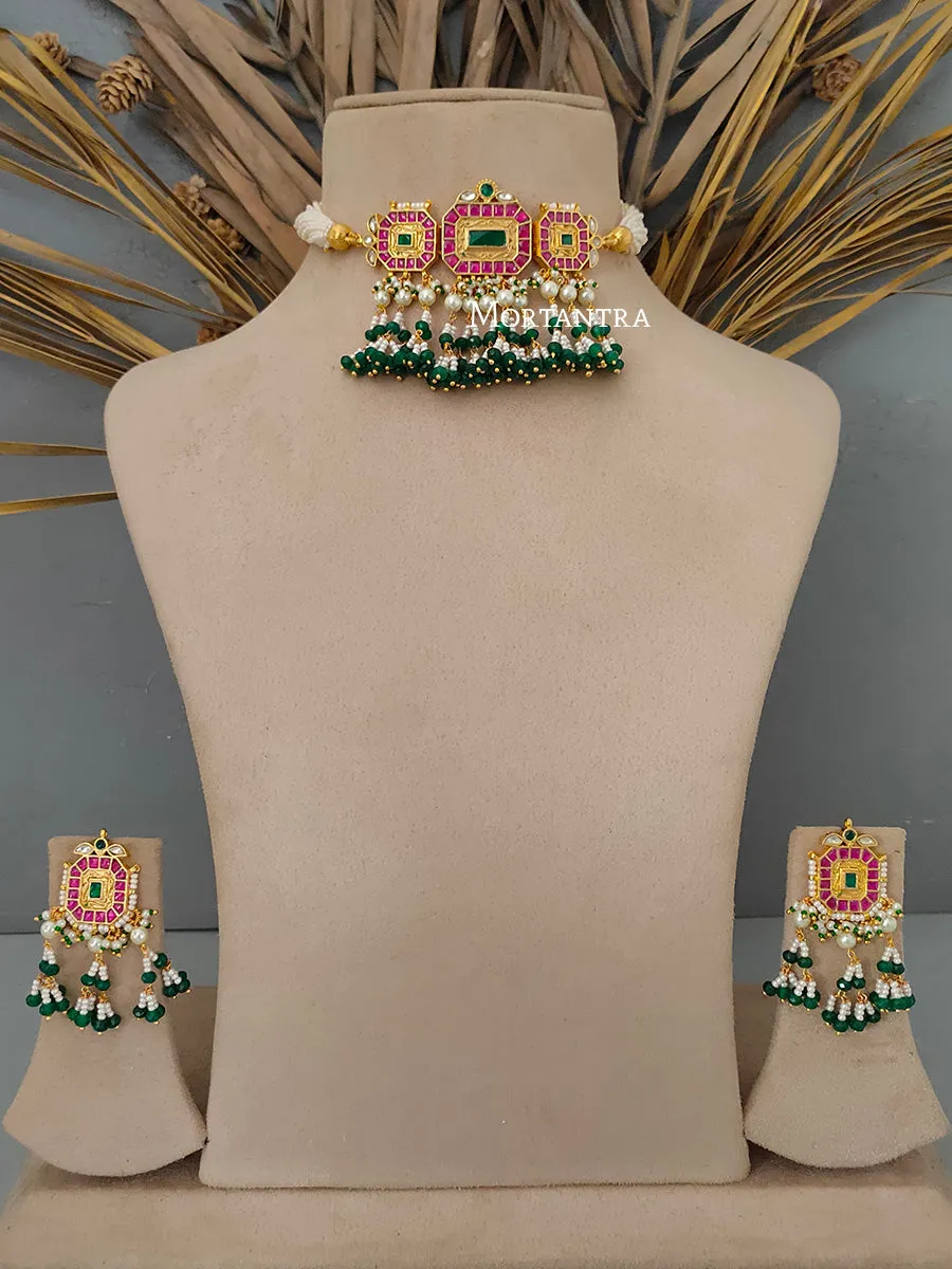 Multicolor Gold Plated Jadau Kundan Necklace Set - MS1663M