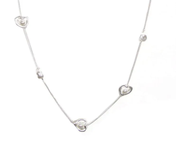 Multiple Heart And Pearl Long Necklace