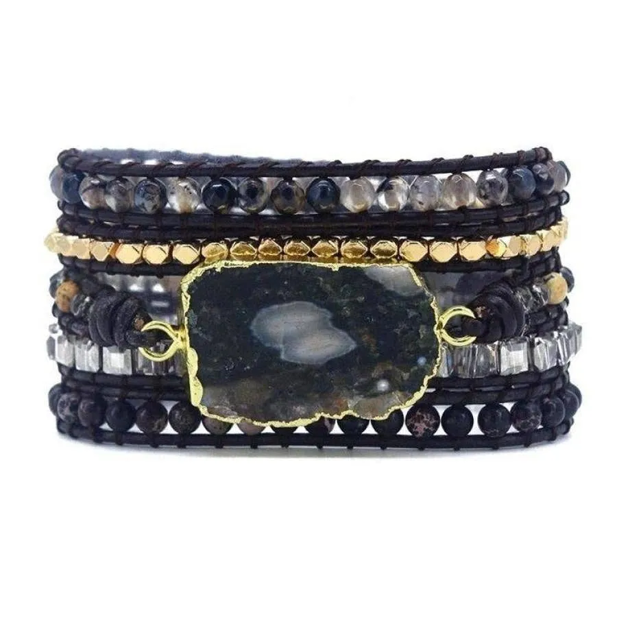 Natural Black Ocean Agate Beaded Wrap Bracelet by Free Spirit