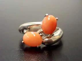 Natural Coral Ring - Two Stone Peach Ring - Unique Vintage Ring