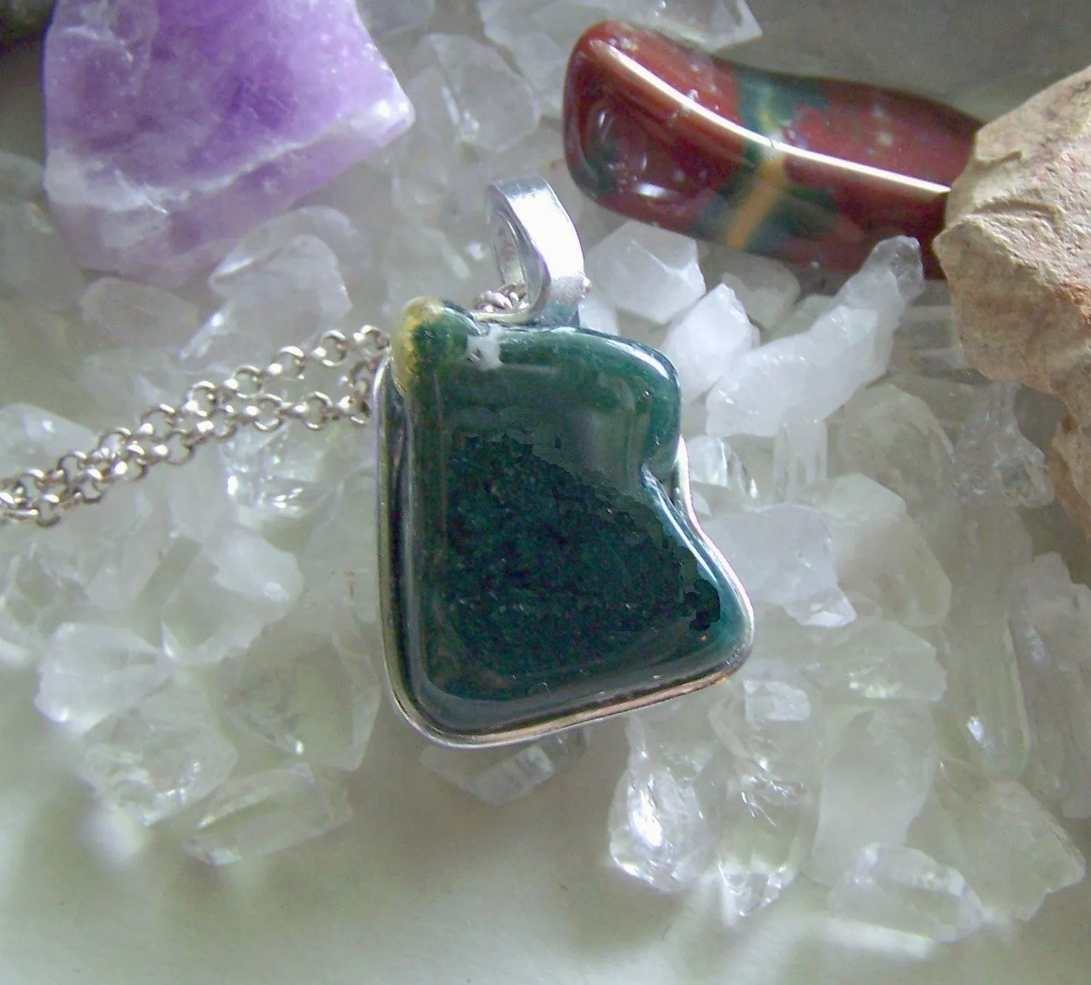 Natural Moss Agate Wire Wrapped Polished Gemstone Pendant