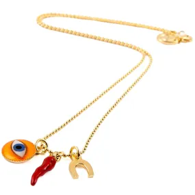 Neon Enamel Evil Eye Token Charm Trio Ball Chain Necklace