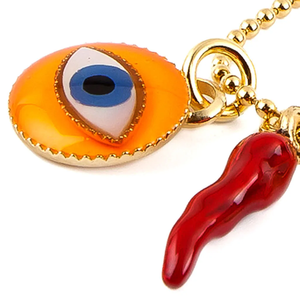 Neon Enamel Evil Eye Token Charm Trio Ball Chain Necklace