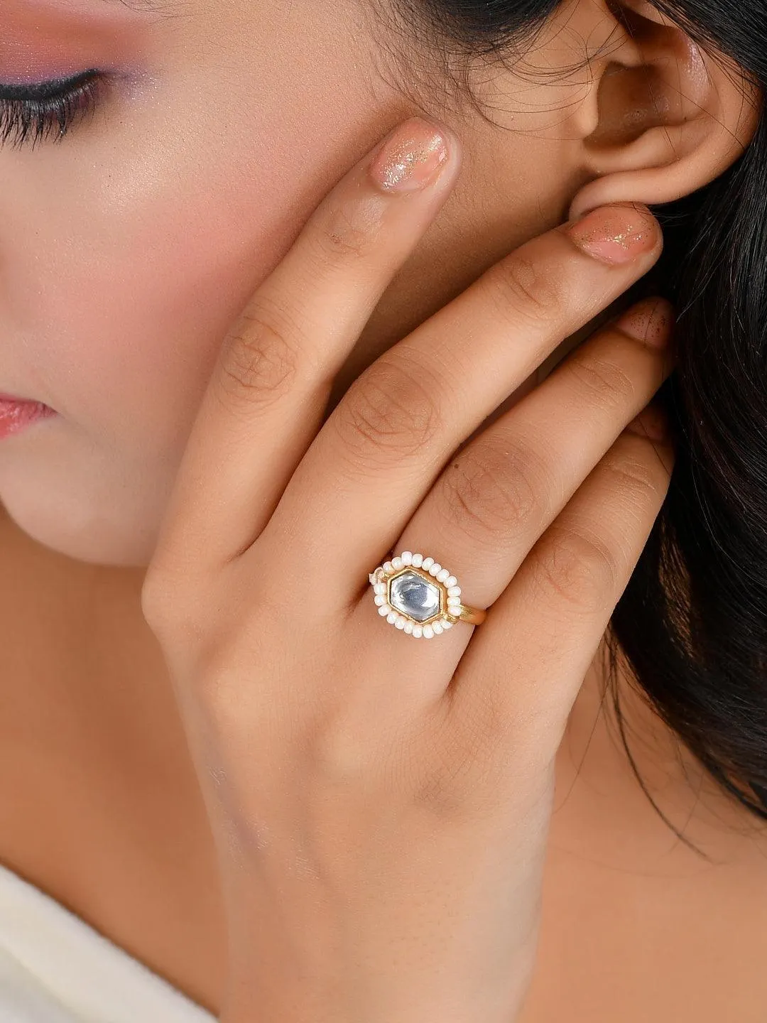 Oblong Kundan Pearl Ring White