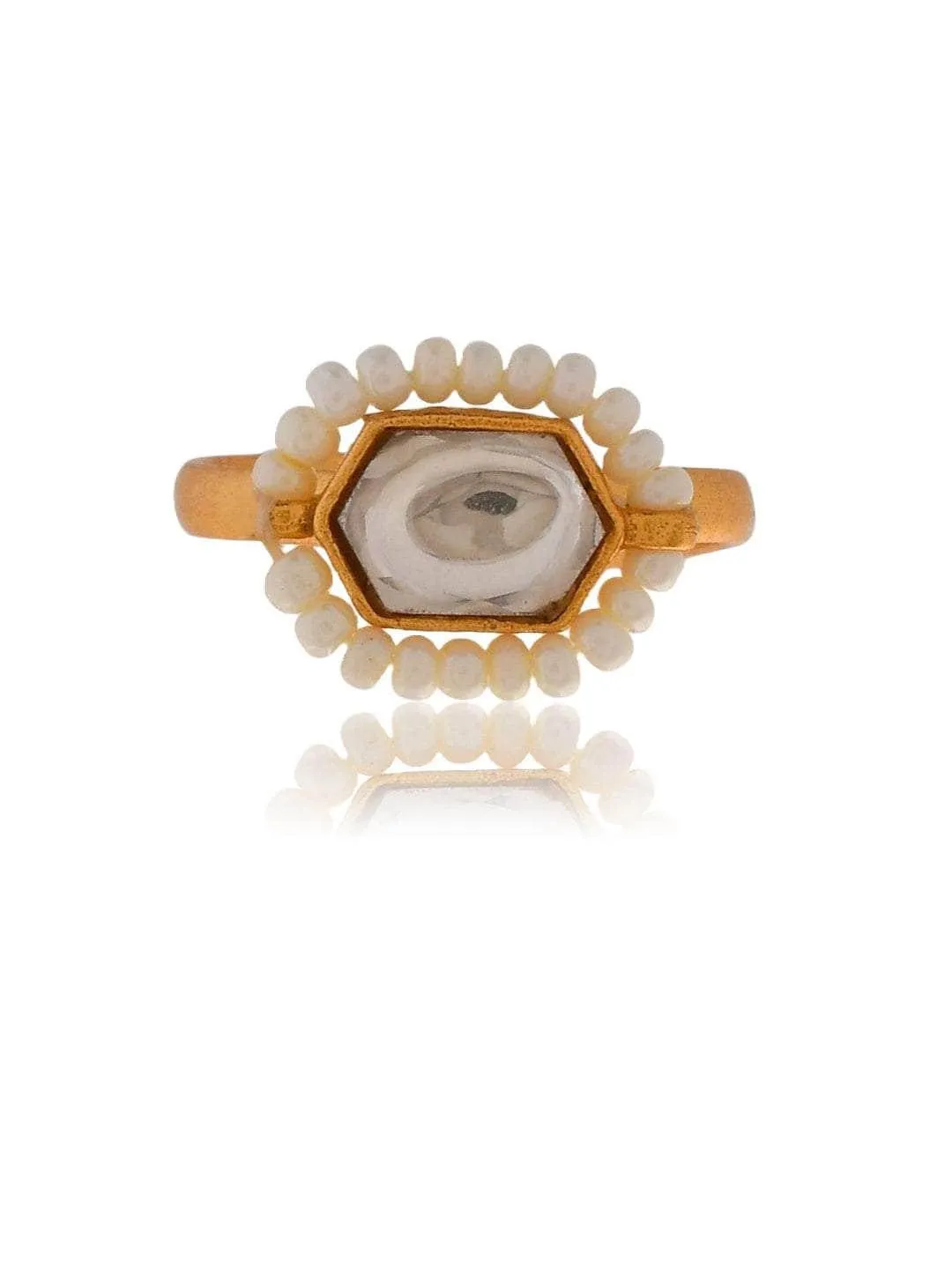 Oblong Kundan Pearl Ring White