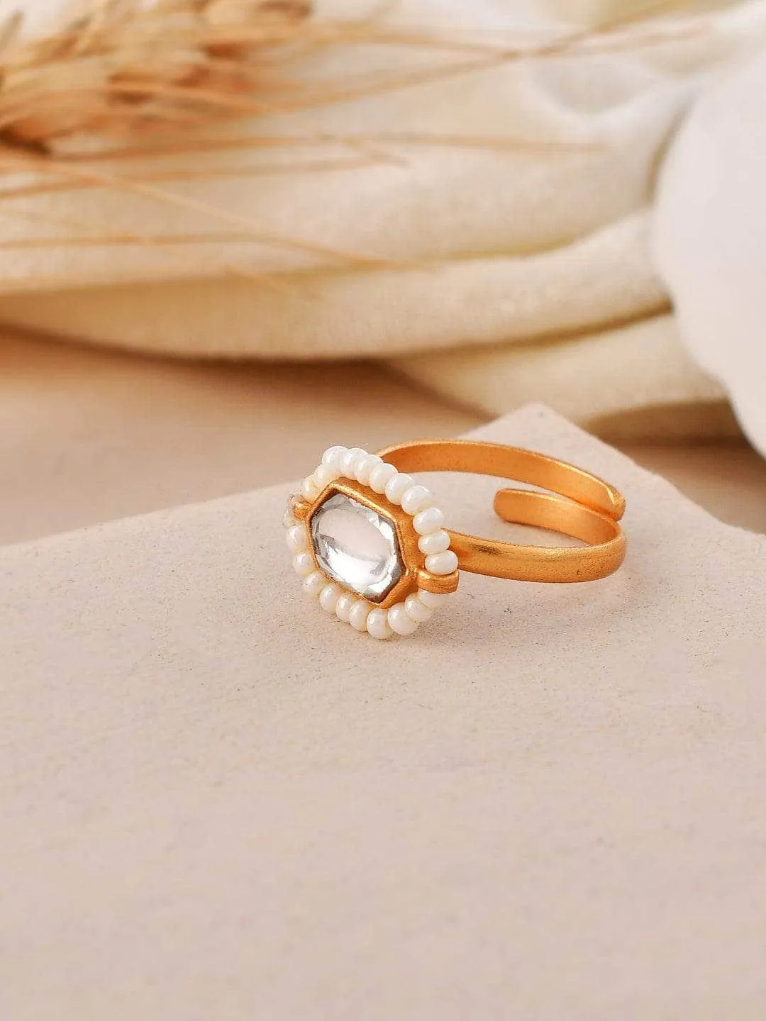 Oblong Kundan Pearl Ring White