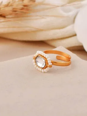 Oblong Kundan Pearl Ring White