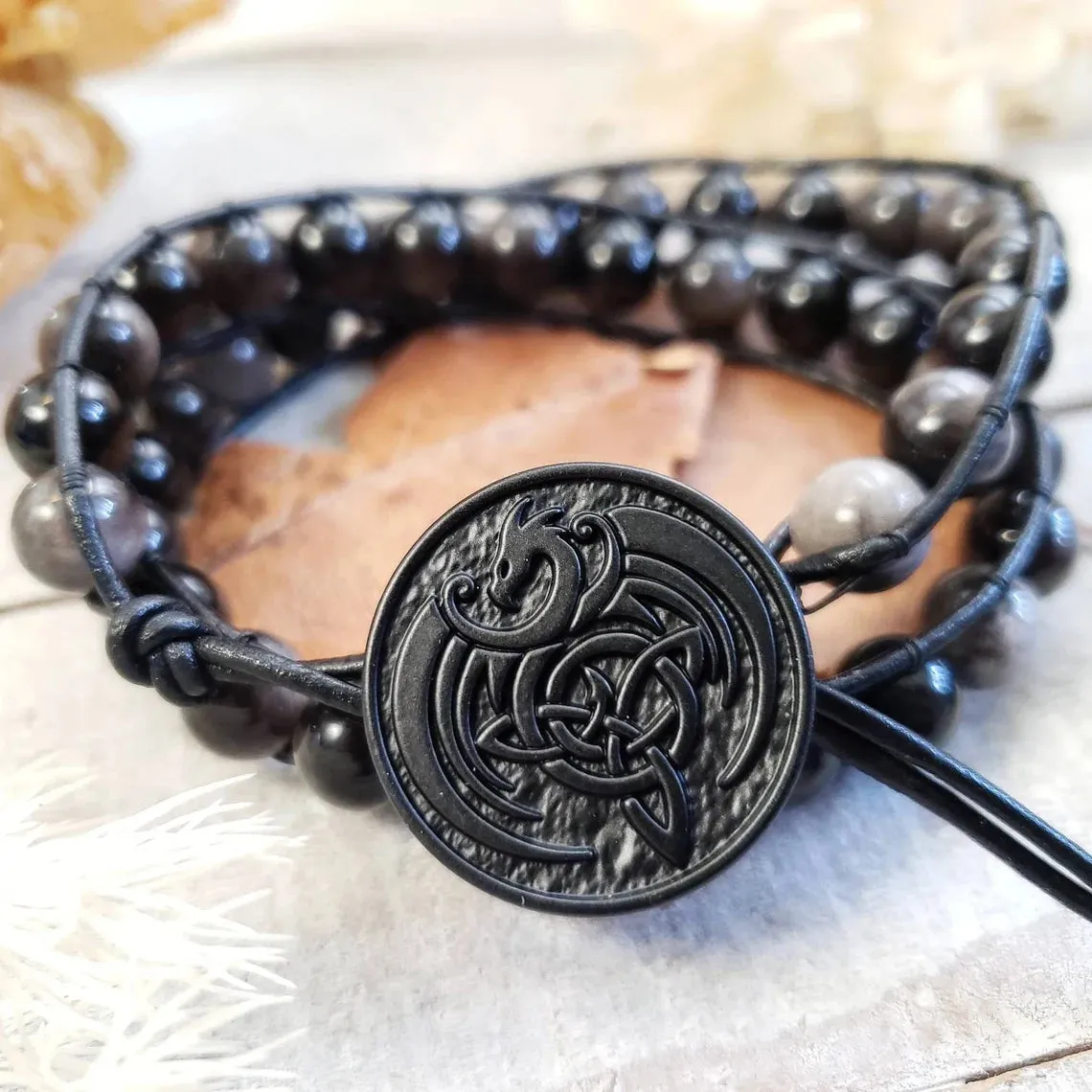 Obsidian dragon glass wrap bracelet