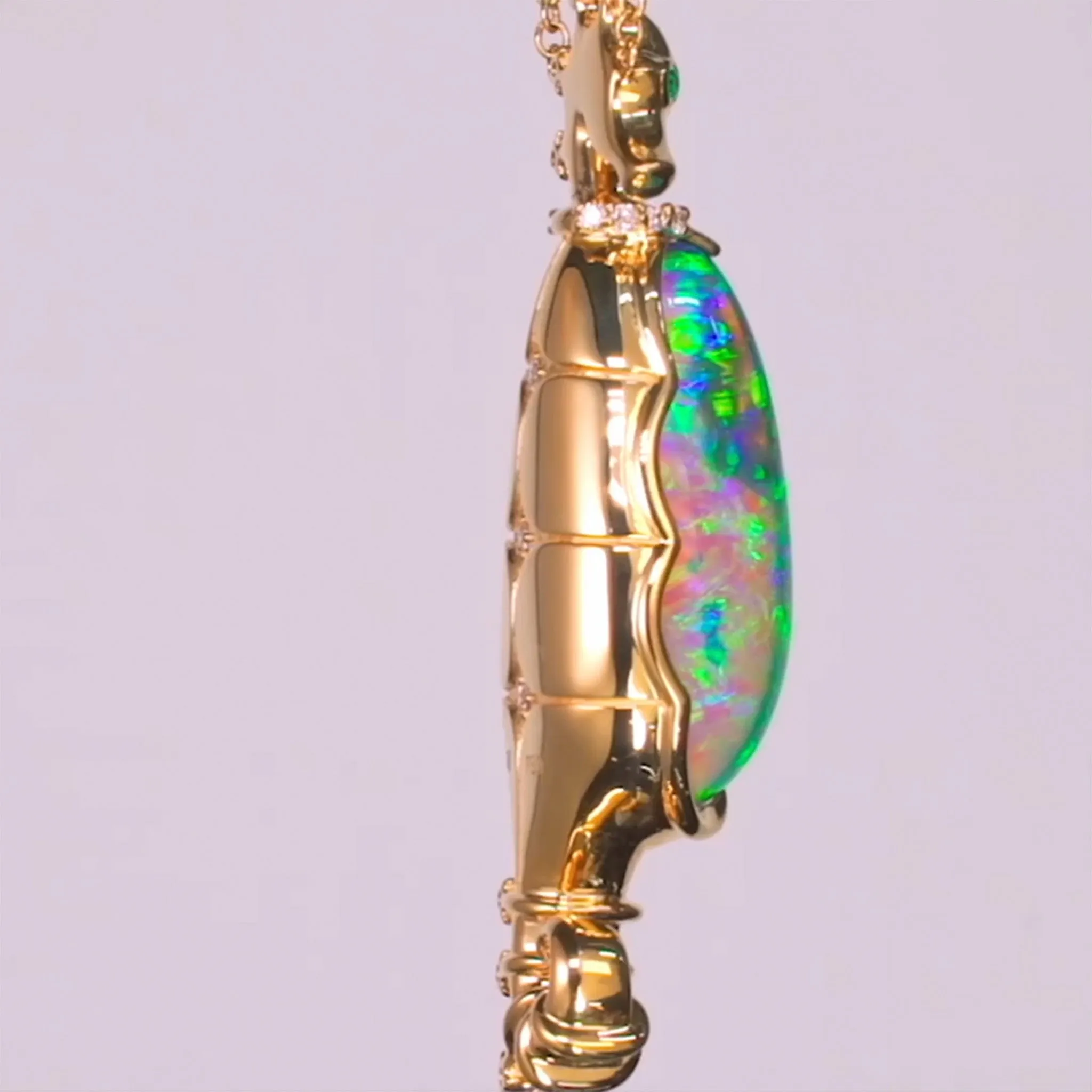 One of a Kind Australian Black Opal, Emerald and Diamond Seahorse Necklace