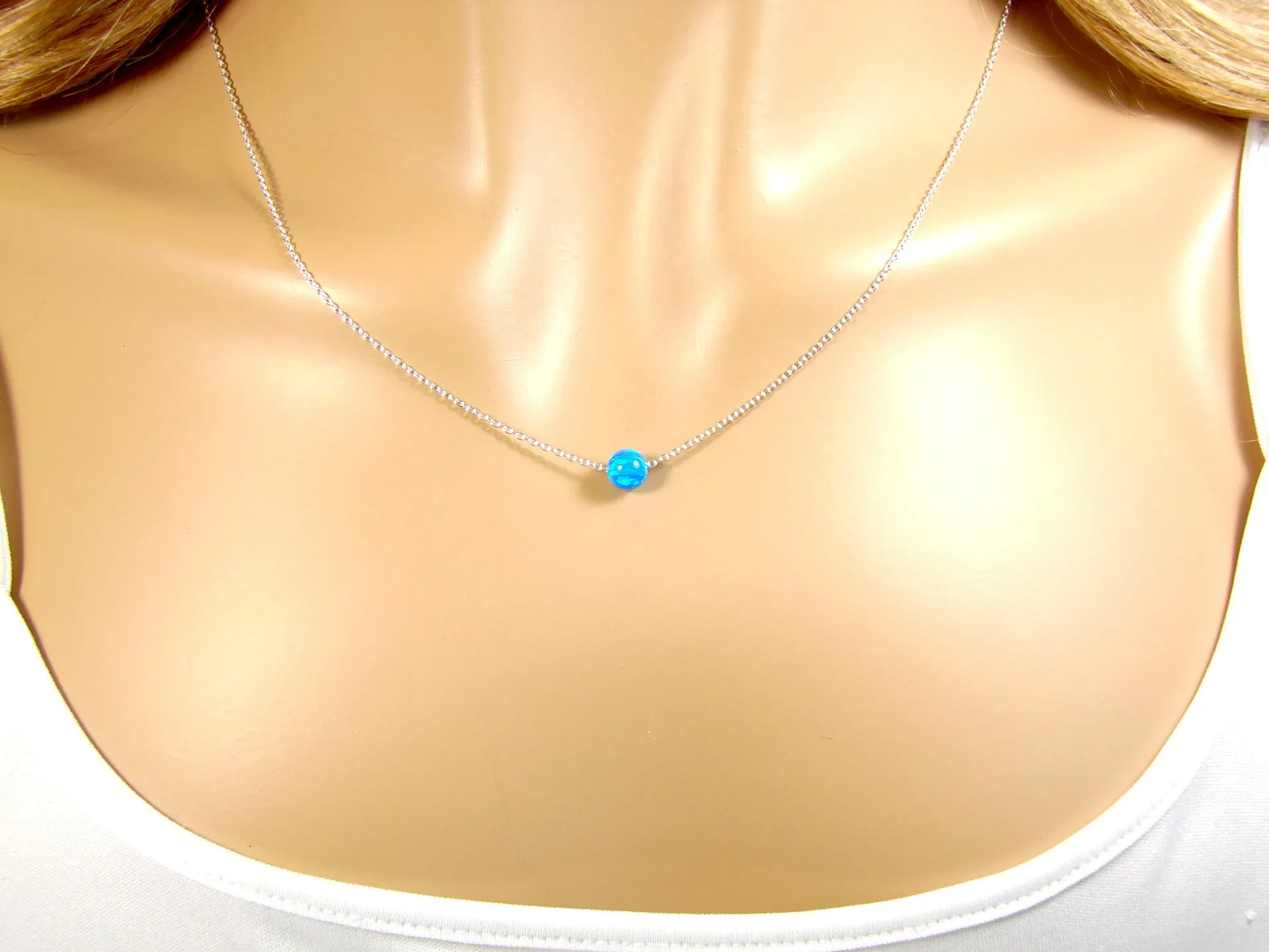 Opal Ball Bead Dot Necklace 925 Sterling Silver Link Chain. Bridesmaid Necklace