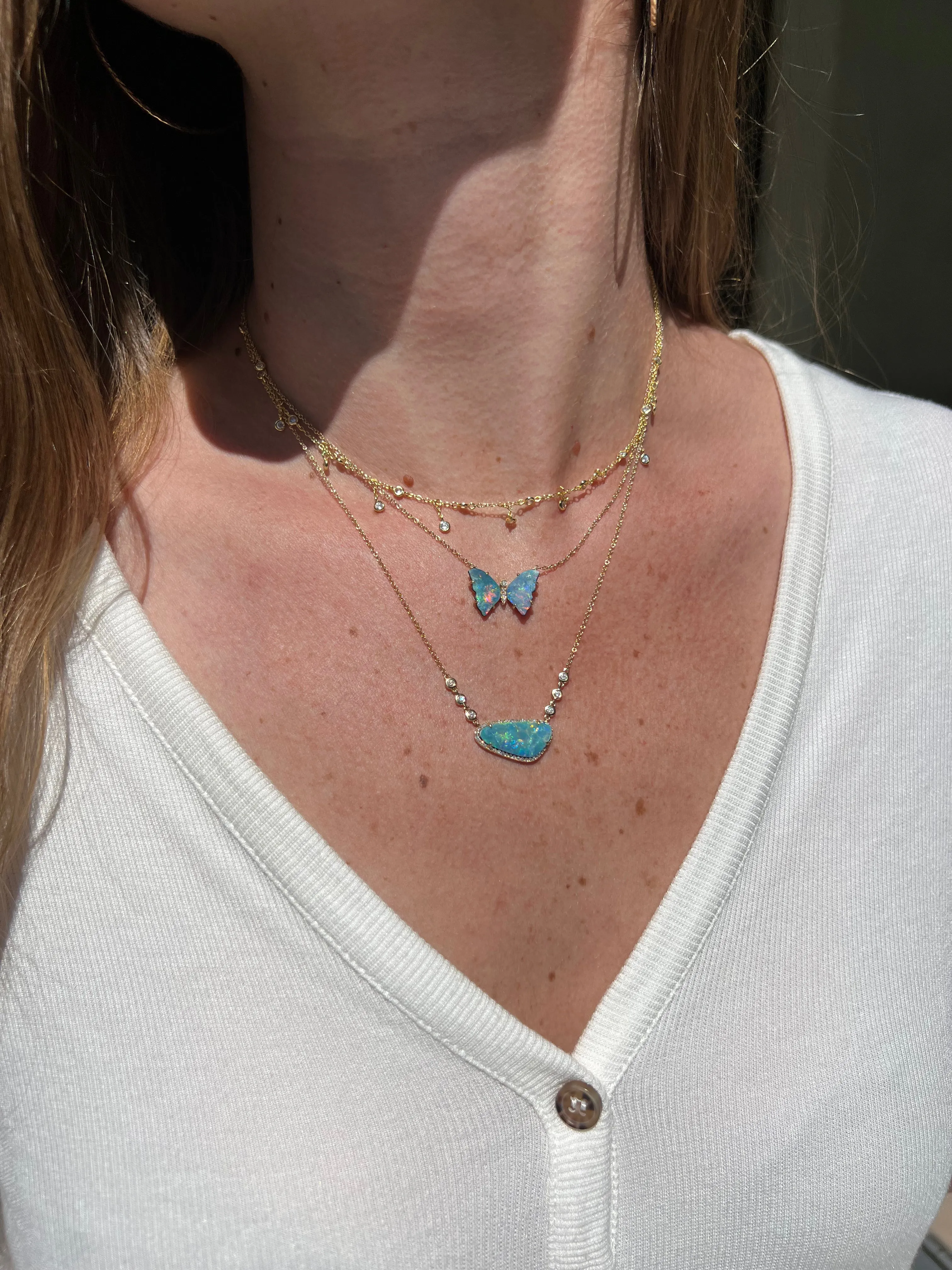 Opal Butterfly Necklace with Diamonds and Prongs - Majestic Sky