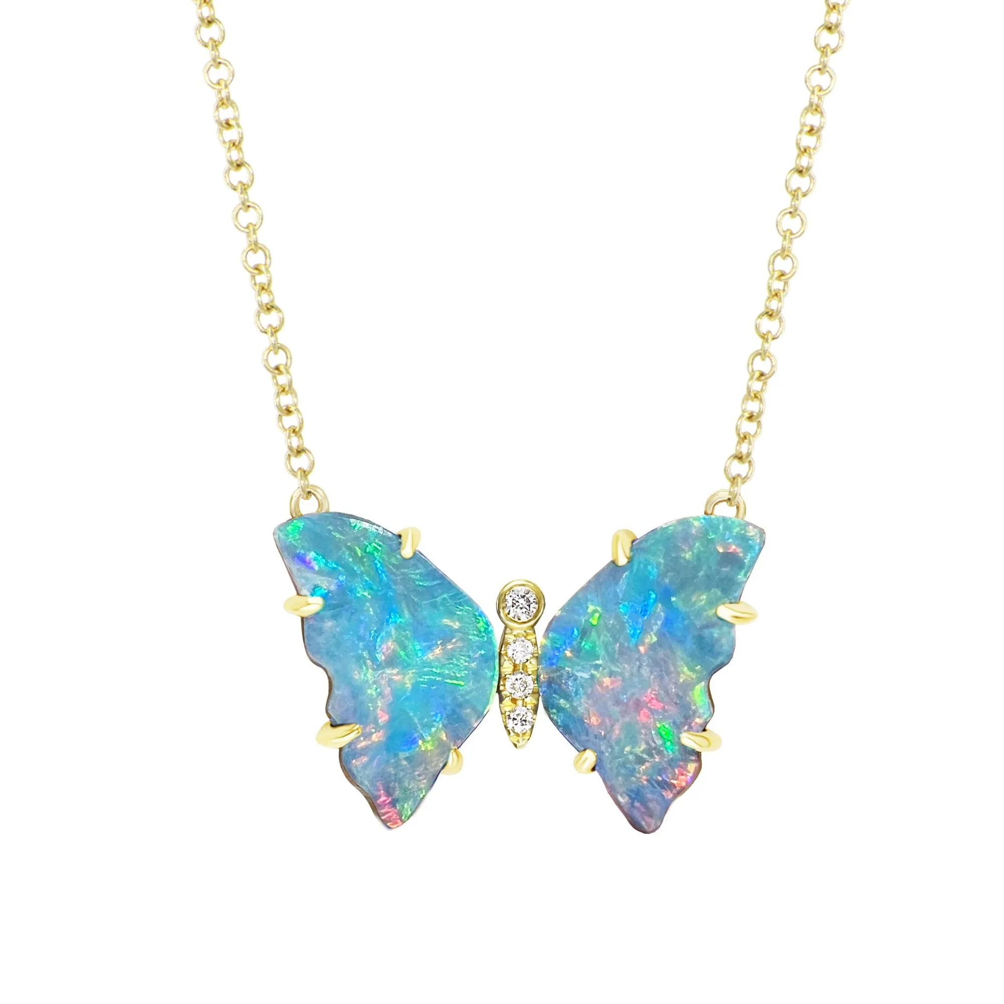 Opal Butterfly Necklace with Diamonds and Prongs - Majestic Sky